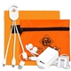 a orange techtime plus mobile tech charging kit with earbuds, charging cable and charger in zipper pack components inserted into polyester zipper kit