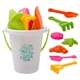 aerial view a white bucket w/green handle and assorted tool colors colorful beach bucket set, image 1 of 2