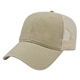 aerial view a khaki/stone washed pigment dyed with washed trucker mesh cap, image 1 of 3