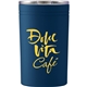 aerial view a navy blue sherpa 11 oz vacuum tumbler insulator with double - walled construction, image 1 of 2