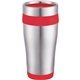 aerial view a stainless steel with red liner 16 oz carmel stainless steel double wall tumbler, image 1 of 2
