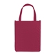 aerial view a burgundy atlas non - woven grocery tote bag with reinforced handles, image 1 of 2