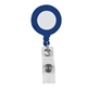 aerial view a solid blue retractable badge holder with laminated label, image 1 of 3