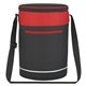 aerial view a black with red trim barrel buddy round cooler bag, image 1 of 3