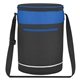 aerial view a black with royal blue trim barrel buddy round cooler bag, image 1 of 2