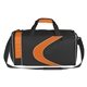 aerial view a orange/black polyester sports duffel bag with microfiber mesh, image 1 of 2