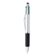 aerial view a matte silver 4- in -1 pen with stylus, image 1 of 3
