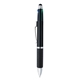 aerial view a metallic black 4- in -1 pen with stylus, image 1 of 3