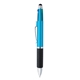 aerial view a metallic blue 4- in -1 pen with stylus, image 1 of 3