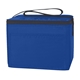 aerial view a royal blue polyester budget cooler bag - 6 can, image 1 of 2