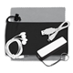 aerial view a black techbank plus mobile tech power bank accessory kit with earbuds in microfiber cinch pouch, image 1 of 3