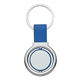 aerial view a blue circular metal spinner key tag, image 1 of 2