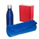 aerial view a blue cozy fleece blanket and insulated bottle gift set, image 1 of 2