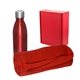 aerial view a red cozy fleece blanket and insulated bottle gift set, image 1 of 2