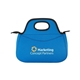 aerial view a blue zippered neoprene lunch cooler tote bag, image 1 of 5