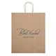 aerial view a brown kraft eco - friendly brown kraft paper bag with flexo ink imprint, image 1 of 3