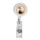 a solid white round retractable badge holder w / alligator clip, full color digital