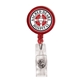 a translucent red round retractable badge holder w / alligator clip, full color digital