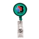 a translucent green round retractable badge holder w / alligator clip, full color digital