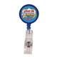 a translucent blue round retractable badge holder w / alligator clip, full color digital