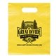aerial view a yellow frosted plastic flexo ink multi color die cut handle bag 9.5 x 12, image 1 of 2