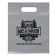 aerial view a gray frosted plastic flexo ink multi color die cut handle bag 9.5 x 12, image 1 of 2