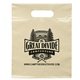 aerial view a buff frosted plastic flexo ink multi color die cut handle bag 9.5 x 12, image 1 of 2