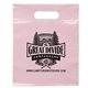 aerial view a pink frosted plastic flexo ink multi color die cut handle bag 9.5 x 12, image 1 of 2