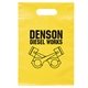 aerial view a yellow frosted plastic flexo ink multi color die cut handle bag 9.5 x 14, image 1 of 2