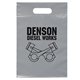 aerial view a gray frosted plastic flexo ink multi color die cut handle bag 9.5 x 14, image 1 of 2