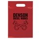 aerial view a red frosted plastic flexo ink multi color die cut handle bag 9.5 x 14, image 1 of 2