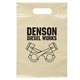 aerial view a buff frosted plastic flexo ink multi color die cut handle bag 9.5 x 14, image 1 of 2