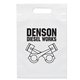 aerial view a white frosted plastic flexo ink multi color die cut handle bag 9.5 x 14, image 1 of 2
