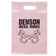 aerial view a pink frosted plastic flexo ink multi color die cut handle bag 9.5 x 14, image 1 of 2