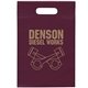 aerial view a burgundy frosted plastic flexo ink multi color die cut handle bag 9.5 x 14, image 1 of 2