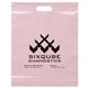 aerial view a pink frosted plastic flexo ink multi color die cut handle bag 15 x 19, image 1 of 2