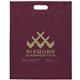 aerial view a burgundy frosted plastic flexo ink multi color die cut handle bag 15 x 19, image 1 of 2