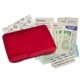aerial view a translucent red protect(tm) first aid kit, image 1 of 2
