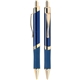 aerial view a blue carvella pen with gold accents, image 1 of 2