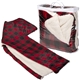 aerial view a black-red micro mink sherpa blanket, image 1 of 3