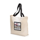aerial view a black cotton canvas colored handle tote, image 1 of 2