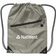 aerial view a grey drawstring backpack w / zipper, image 1 of 2