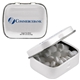 aerial view a white mini hinged mints with multiple tin color, decal, flavor options, image 1 of 3