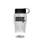 aerial view a clear bottle & black lid poly - pure jr. - 18 oz transparent bottle with tethered lid, image 1 of 2