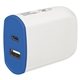 aerial view a white with blue ul listed 2- in -1 usb type - c wall adapter, image 1 of 3