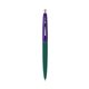 a forest green barrel & purple cap clic pen - blue and black ink