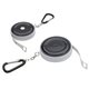 aerial view a black round retractable 5 tape measure with carabiner, image 1 of 2