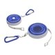 aerial view a blue round retractable 5 tape measure with carabiner, image 1 of 2