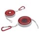 aerial view a red round retractable 5 tape measure with carabiner, image 1 of 2