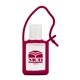 aerial view a maroon 15 ml antibacterial travel sanitizer, image 1 of 2